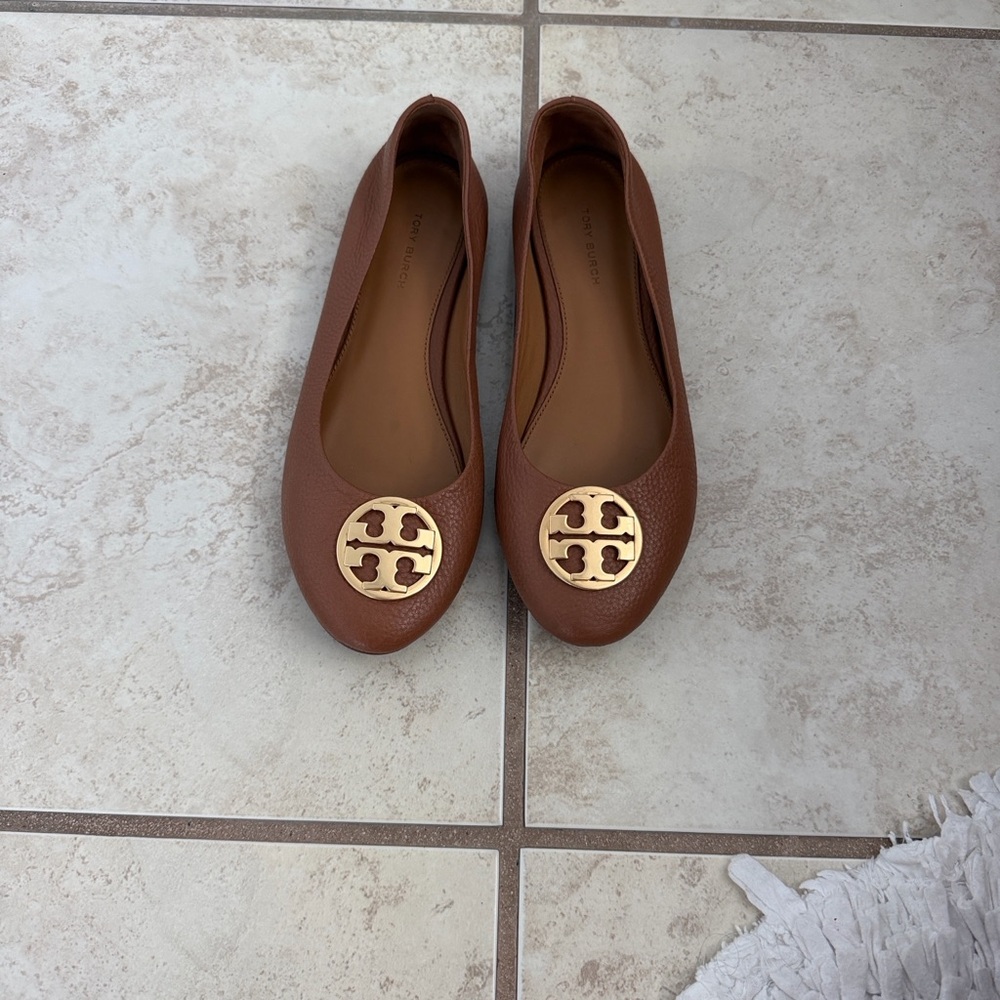 Tory Burch Tan Flats with Gold Emblem